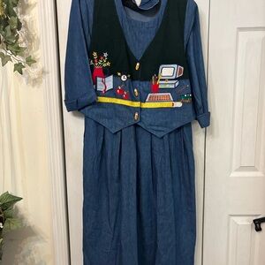 Vintage Blue Teacher Themed Dress with Embroidered Vest-18W